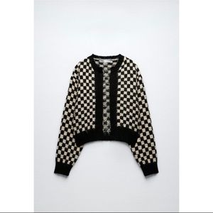 Zara brand new cropped knit black & white checkered cardigan sweater size medium